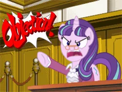 Size: 400x300 | Tagged: ace attorney, a hearth's warming tail, artist:rioumcdohl26, courtroom, derpibooru import, manfred von karma, miles edgeworth, objection, prosecutor, safe, snowfall frost, starlight glimmer