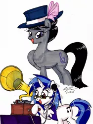 Size: 1326x1759 | Tagged: a hearth's warming tail, artist:newyorkx3, derpibooru import, octavia melody, phonograph, safe, traditional art, victrola scratch, vinyl scratch, wax cylinder