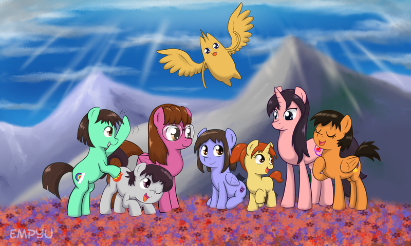 Size: 1500x900 | Tagged: safe, artist:empyu, derpibooru import, ponified, alicorn, earth pony, pegasus, pony, unicorn, aida kaori, azumanga daioh, chiyo's dad, crossover, kagura, kaorin, kasuga ayumu, mihama chiyo, mizuhara koyomi, osaka, sakaki, takino tomo