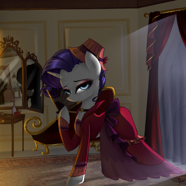 Size: 1000x1000 | Tagged: safe, artist:yuntaoxd, derpibooru import, merry, rarity, pony, unicorn, a hearth's warming tail, alcohol, bed, bedroom, bedroom eyes, brush, choker, clothes, curtain, curtains, eyeshadow, fainting couch, fan, female, glass, hat, looking at you, makeup, mare, mirror, night, perfume, reflection, rug, silhouette, solo, window, wine, wine bottle, wine glass