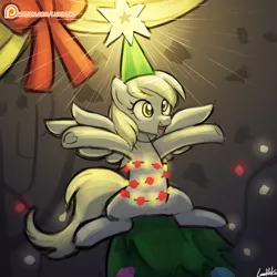 Size: 750x750 | Tagged: safe, artist:lumineko, derpibooru import, derpy hooves, pegasus, pony, a hearth's warming tail, christmas, christmas tree, cute, derpy star, female, holiday, mare, patreon, patreon logo, solo, tree