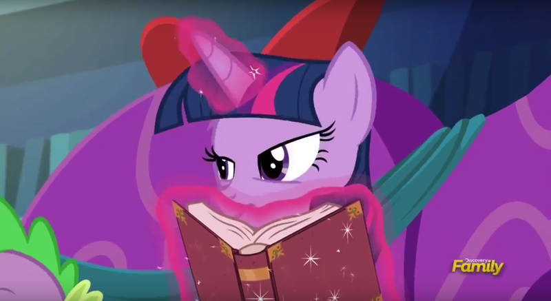 Size: 1411x771 | Tagged: safe, derpibooru import, screencap, spike, twilight sparkle, twilight sparkle (alicorn), alicorn, pony, a hearth's warming tail, book, discovery family logo, female, levitation, magic, mare, telekinesis