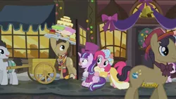 Size: 1600x900 | Tagged: safe, derpibooru import, screencap, doctor whooves, lucky clover, pinkie pie, piña colada, snowfall frost, spirit of hearth's warming presents, starlight glimmer, time turner, pony, a hearth's warming tail, discovery family logo, fourth doctor's scarf, male, stallion