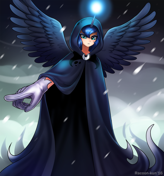 Size: 800x857 | Tagged: a hearth's warming tail, artist:racoonsan, cloak, clothes, derpibooru import, divine, female, gloves, glowing horn, horn, horned humanization, human, humanized, luna's future, pointing, princess luna, safe, scene interpretation, snow, snowfall, solo, spirit of hearth's warming yet to come, spread wings, winged humanization, wings