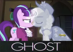Size: 600x430 | Tagged: a hearth's warming tail, applejack, derpibooru import, discovery family logo, edit, edited screencap, female, ghost, ghost (movie), glimmerjack, kissing, lesbian, meme, safe, screencap, shipping, snowfall frost, spirit of hearth's warming past, starlight glimmer, undead
