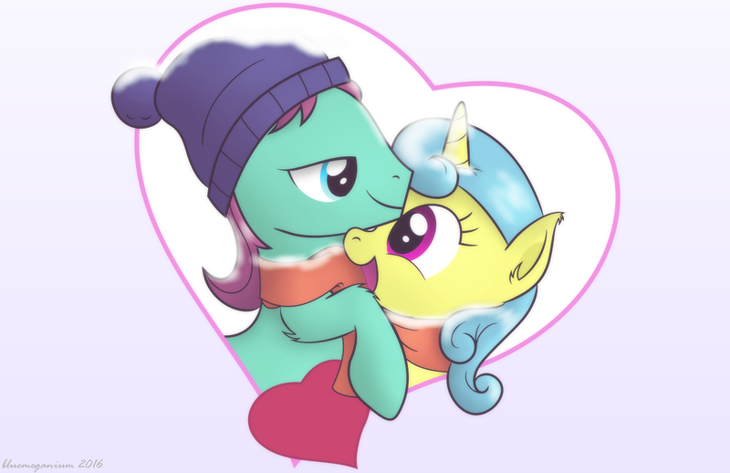 Size: 1700x1100 | Tagged: safe, artist:bluemeganium, derpibooru import, autumn leaf, lemon hearts, earth pony, pony, a hearth's warming tail, awwtumn leaf, background pony, clothes, cute, female, hat, heart, hug, lemonbetes, lemonleaf, male, open mouth, scarf, shared clothing, shared scarf, shipping, simple background, stallion, straight, white background