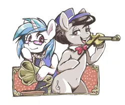 Size: 918x768 | Tagged: safe, artist:hobilo, derpibooru import, octavia melody, vinyl scratch, earth pony, pony, unicorn, a hearth's warming tail, belly button, bow, bowtie, clothes, female, glasses, hat, looking at you, mare, musical instrument, open mouth, phonograph, simple background, smiling, victrola scratch, violin, white background