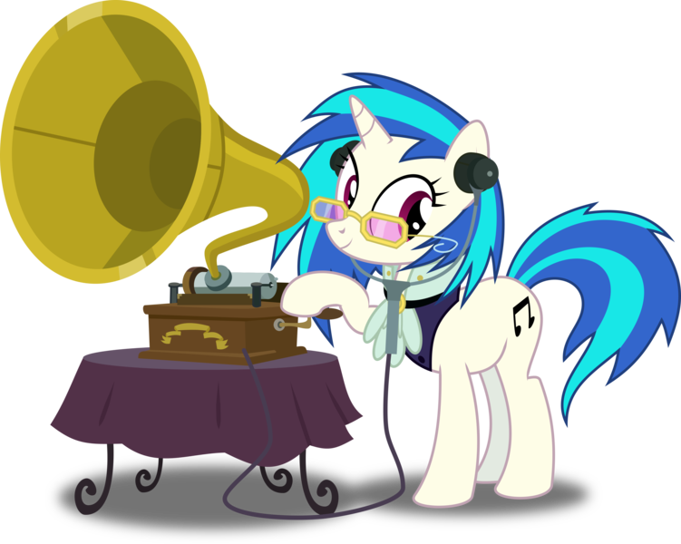 Size: 3756x3000 | Tagged: safe, artist:ruinedomega, derpibooru import, vinyl scratch, pony, unicorn, a hearth's warming tail, clothes, female, inkscape, mare, phonograph, ponyscape, simple background, smiling, solo, transparent background, vector, victrola scratch, wax cylinder