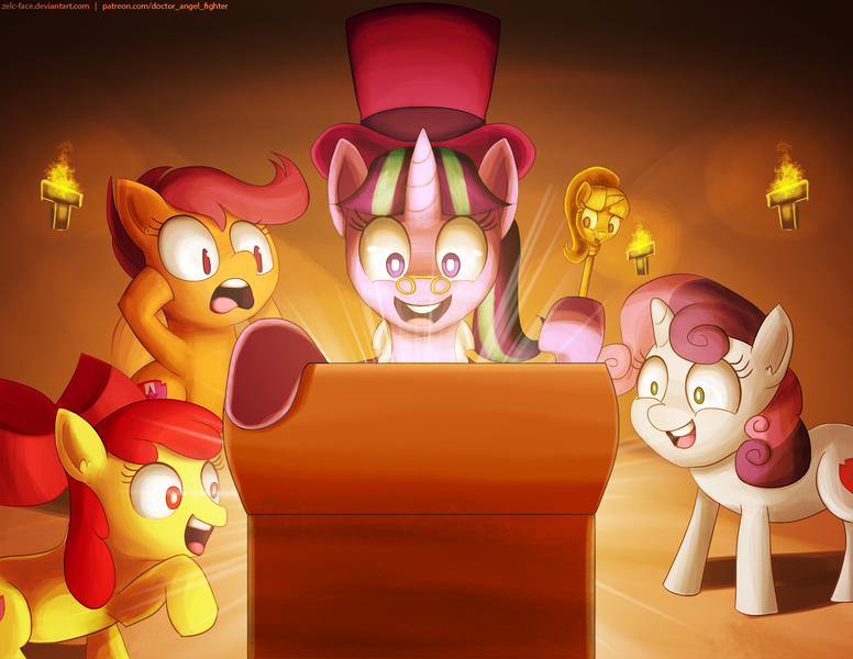 Size: 1650x1275 | Tagged: a hearth's warming tail, apple bloom, artist:zelc-face, crossover, cutie mark, cutie mark crusaders, derpibooru import, disney, duck tales, gasp, hat, hilarious in hindsight, huey dewey and louie, open mouth, raised hoof, safe, scepter, scootaloo, scrooge mcduck, snowfall frost, starlight glimmer, sweetie belle, the cmc's cutie marks, top hat, treasure chest, wide eyes