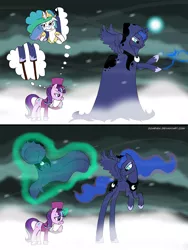 Size: 1440x1920 | Tagged: a hearth's warming tail, artist:zoarvek, cloak, clothes, derpibooru import, long legs, luna is not amused, princess celestia, princess luna, safe, snowfall frost, spirit of hearth's warming yet to come, starlight glimmer, unamused