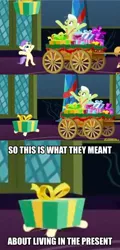 Size: 794x1649 | Tagged: safe, derpibooru import, edit, edited screencap, screencap, alula, granny smith, a hearth's warming tail, caption, image macro, meme, present, pun, text