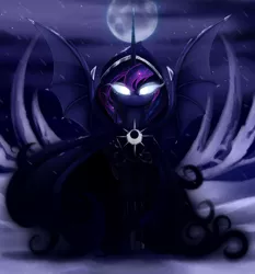 Size: 2800x3000 | Tagged: safe, artist:magnaluna, derpibooru import, princess luna, spirit of hearth's warming yet to come, pony, a hearth's warming tail, bat wings, cloak, clothes, female, frown, glowing eyes, mare, moon, night, solo, spread wings, wings