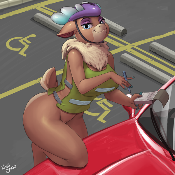 Size: 900x900 | Tagged: questionable, alternate version, artist:kevinsano, derpibooru import, velvet reindeer, anthro, deer, reindeer, them's fightin' herds, bike helmet, bottomless, breasts, busty velvet reindeer, clothes, community related, female, helmet, looking at you, parking lot, partial nudity, safety vest, solo, solo female