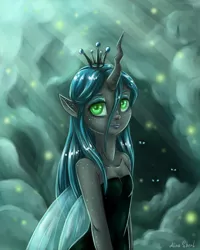 Size: 1600x2000 | Tagged: artist:alina-sherl, cave, crepuscular rays, cute, cutealis, derpibooru import, elf ears, firefly (insect), freckles, glowing eyes, horn, horned humanization, human, humanized, insect, pony coloring, queen chrysalis, safe, shoulder freckles, solo, winged humanization, wings