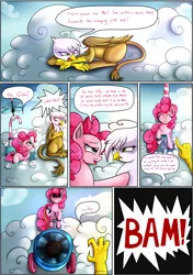 Size: 2894x4107 | Tagged: safe, artist:novaspark, derpibooru import, gilda, pinkie pie, gryphon, comic:pinkie's plot plan, absurd resolution, comic, flying contraption, party cannon, pinkie being pinkie