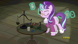 Size: 640x360 | Tagged: a hearth's warming tail, animated, artist:x-saltedfish, chocolate, chocolate milk, derpibooru import, discovery family logo, edit, edited screencap, everything is ruined, exploitable meme, food, meme, milk, pure unfiltered evil, safe, screencap, snowfall frost, spill, spilled milk, starlight glimmer, table