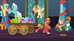 Size: 1920x1080 | Tagged: safe, derpibooru import, screencap, big macintosh, granny smith, high note, jolly fir, lime zinnia, merry cotton, sunshower raindrops, unnamed character, unnamed pony, earth pony, pony, unicorn, a hearth's warming tail, background pony, cart, discovery family logo, female, lidded eyes, male, mare, stallion