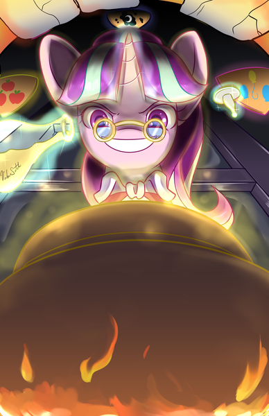 Size: 1320x2040 | Tagged: safe, artist:banzatou, derpibooru import, snowfall frost, starlight glimmer, pony, unicorn, a hearth's warming tail, clothes, evil grin, female, fire, glasses, grin, magic, mare, scene interpretation, smiling, solo, telekinesis