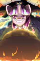 Size: 1320x2040 | Tagged: safe, artist:banzatou, derpibooru import, snowfall frost, starlight glimmer, pony, unicorn, a hearth's warming tail, clothes, evil grin, female, fire, glasses, grin, magic, mare, scene interpretation, smiling, solo, telekinesis