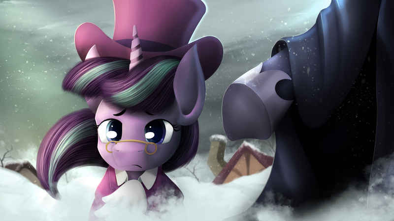 Size: 2000x1125 | Tagged: a hearth's warming tail, artist:blackligerth, derpibooru import, princess luna, safe, scene interpretation, snow, snowfall, snowfall frost, spirit of hearth's warming yet to come, starlight glimmer