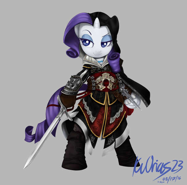 Size: 2550x2520 | Tagged: safe, artist:kvorias23, derpibooru import, rarity, pony, armor, assassin's creed, bipedal, crossover, ezio auditore, solo, sword, weapon