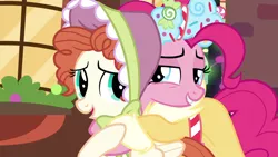 Size: 1920x1080 | Tagged: a hearth's warming tail, bow bonnet, derpibooru import, female, hug, lidded eyes, mare, pinkie pie, safe, screencap, spirit of hearth's warming presents, the little redheaded mare