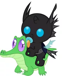 Size: 836x1017 | Tagged: safe, artist:red4567, derpibooru import, gummy, kevin (changeling), alligator, changeling, nymph, pony, baby, baby pony, cute, pacifier, ponies riding gators, riding, weapons-grade cute