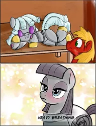 Size: 564x739 | Tagged: safe, artist:greenfinger, artist:pencils, derpibooru import, edit, big macintosh, maud pie, oc, oc:turing test, earth pony, pony, robot, comic:anon's pie adventure, fanfic:the iron horse: everything's better with robots, blushing, comic, draw me like one of your french girls, exploitable meme, female, heavy breathing, lesbian, maud spies something hard, meme