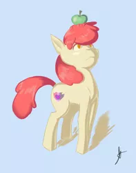 Size: 5526x7000 | Tagged: absurd resolution, apple, apple bloom, artist:double-zr-tap, balancing, cutie mark, derpibooru import, food, safe, simple background, solo, the cmc's cutie marks