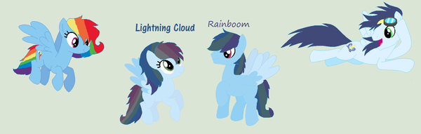 Size: 600x191 | Tagged: safe, artist:aquadusk, derpibooru import, rainbow dash, soarin', oc, oc:lightning cloud, oc:rainboom, pony, family, female, male, offspring, parent:rainbow dash, parent:soarin', parents:soarindash, shipping, simple background, soarindash, straight