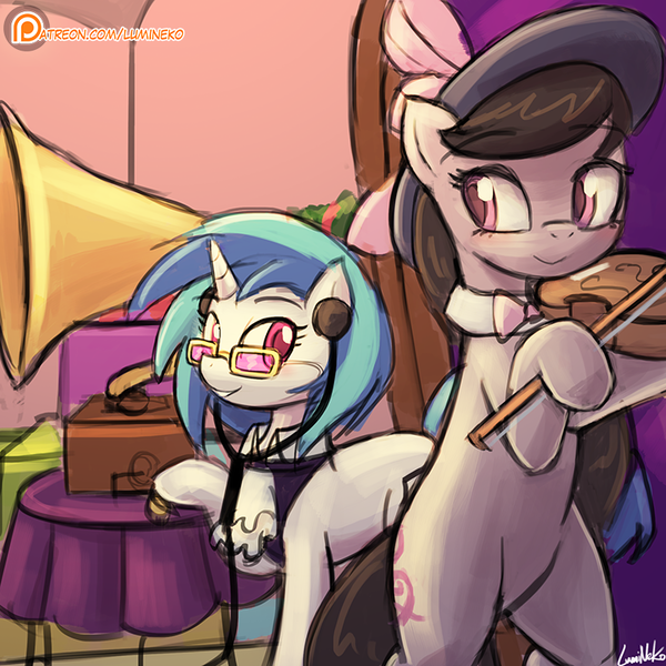 Size: 750x750 | Tagged: safe, artist:lumineko, derpibooru import, octavia melody, vinyl scratch, pony, a hearth's warming tail, bipedal, hat, musical instrument, patreon, patreon logo, smiling, victrola scratch, violin