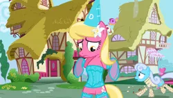 Size: 1280x720 | Tagged: berry punch, berryshine, clothes, clothes edit, corset, derpibooru import, dunce hat, edit, edited screencap, gloves, hat, hearts and hooves day, hearts and hooves day (episode), lily, lily valley, lingerie, linky, roseluck, screencap, shoeshine, socks, suggestive