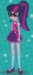 Size: 427x973 | Tagged: safe, derpibooru import, sci-twi, twilight sparkle, equestria girls, legend of everfree, twilight's sparkly sleepover surprise, adorkable, bowtie, clothes, cute, dork, glasses, mary janes, ponytail, shoes, skirt, socks, solo, stars