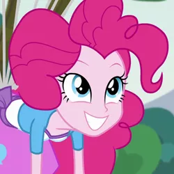Size: 720x720 | Tagged: safe, derpibooru import, screencap, pinkie pie, equestria girls, friendship games, pinkie spy (short), balloon, clothes, cropped, cute, diapinkes, female, floating, grin, looking up, pinkie being pinkie, pinkie physics, skirt, smiling, solo, squee, then watch her balloons lift her up to the sky