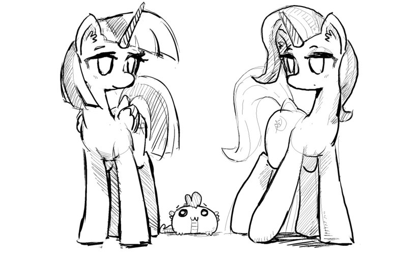 Size: 1190x752 | Tagged: safe, artist:archeryves, derpibooru import, spike, trixie, twilight sparkle, twilight sparkle (alicorn), alicorn, pony, explicit source, monochrome, spike ball