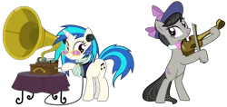 Size: 4447x2106 | Tagged: safe, artist:sketchmcreations, derpibooru import, octavia melody, vinyl scratch, earth pony, pony, unicorn, a hearth's warming tail, absurd resolution, bipedal, bowtie, cutie mark, female, glasses, hat, hooves, horn, inkscape, mare, musical instrument, phonograph, simple background, smiling, sunglasses, transparent background, vector, victrola scratch, violin