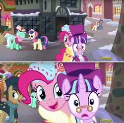 Size: 2560x2540 | Tagged: safe, derpibooru import, screencap, bon bon, bow bonnet, doctor whooves, lyra heartstrings, pinkie pie, snowfall frost, spirit of hearth's warming presents, starlight glimmer, sweetie drops, time turner, pony, a hearth's warming tail, animation error, discovery family logo, male, stallion