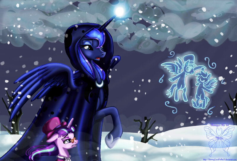 Size: 1024x694 | Tagged: a hearth's warming tail, artist:shimmycocopuffssx1, cloak, clothes, dancing, derpibooru import, magic, princess luna, safe, scene interpretation, snow, snowfall, snowfall frost, spirit of hearth's warming yet to come, spread wings, starlight glimmer, wings