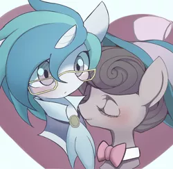 Size: 1688x1644 | Tagged: safe, artist:ccc, derpibooru import, octavia melody, vinyl scratch, earth pony, pony, unicorn, a hearth's warming tail, blushing, female, heart, lesbian, mare, pixiv, scratchtavia, shipping, victrola scratch