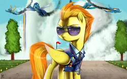 Size: 2560x1600 | Tagged: safe, artist:supermare, derpibooru import, fleetfoot, misty fly, rainbow dash, soarin', spitfire, pony, newbie dash, wonderbolts academy, clothes, sunglasses, uniform, wonderbolts, wonderbolts uniform