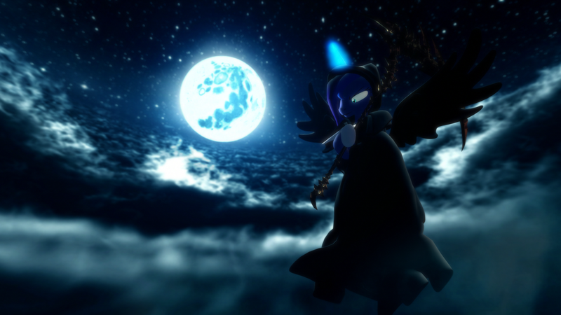 Size: 1920x1080 | Tagged: 3d, a hearth's warming tail, artist:powdan, cloak, clothes, cloud, derpibooru import, female, gmod, grim reaper, magic, night, princess luna, safe, scythe, solo, spirit of hearth's warming yet to come