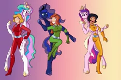 Size: 5096x3360 | Tagged: suggestive, artist:vytz, derpibooru import, princess cadance, princess celestia, princess luna, anthro, human, absurd resolution, alex (totally spies), bodysuit, catsuit, clothes, clover (totally spies), commission, cosplay, costume, crossover, female, females only, high heels, human to anthro, image, jpeg, latex, living suit, mask, masking, ponysuit, rubber, sam (totally spies), shoes, totally spies, wat