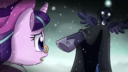 Size: 1920x1080 | Tagged: a hearth's warming tail, artist:mlp-firefox5013, cloak, clothes, derpibooru import, glowing horn, hat, horn, monocle, open mouth, pointing, princess luna, safe, scene interpretation, signature, snowfall frost, spirit of hearth's warming yet to come, starlight glimmer, top hat