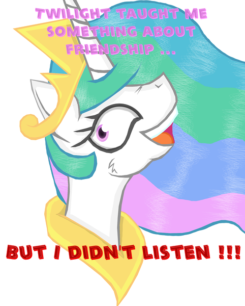 Size: 1085x1350 | Tagged: artist:cuddlelamb, caption, derpibooru import, exploitable meme, i didn't listen, image macro, meme, princess celestia, safe, solo, text