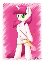 Size: 3069x4403 | Tagged: safe, artist:icy wings, derpibooru import, lovestruck, pony, semi-anthro, unicorn, absurd resolution, arrow, bow (weapon), bow and arrow, cupid, image, png, solo, weapon