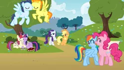 Size: 1024x576 | Tagged: safe, derpibooru import, applejack, moondancer, pinkie pie, rainbow dash, rarity, soarin', spitfire, twilight sparkle, twilight sparkle (alicorn), alicorn, pony, female, lesbian, licking, male, mare, pinkiedash, rarijack, shipping, soarinfire, straight, tongue out, twidancer