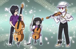 Size: 1024x669 | Tagged: safe, artist:sumin6301, derpibooru import, bulk biceps, octavia melody, oc, oc:sumin, equestria girls, bow (instrument), bowtie, cello, cello bow, clothes, double bass, glasses, hat, musical instrument, pants, playing, shoes, smiling, socks, violin, violin bow