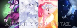 Size: 3992x1465 | Tagged: a hearth's warming tail, applejack, artist:tiffytoons, derpibooru import, pinkie pie, princess luna, safe, snowfall frost, spirit of hearth's warming past, spirit of hearth's warming presents, spirit of hearth's warming yet to come, starlight glimmer