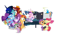 Size: 1100x647 | Tagged: safe, artist:dm29, derpibooru import, apple bloom, boulder (pet), garble, maud pie, princess cadance, princess ember, princess flurry heart, princess luna, rainbow dash, shining armor, snowfall frost, spike, spirit of hearth's warming yet to come, starlight glimmer, sunburst, tender taps, trixie, dragon, pony, unicorn, a hearth's warming tail, gauntlet of fire, newbie dash, no second prances, on your marks, the crystalling, the gift of the maud pie, backwards cutie mark, beach chair, clothes, couch, crossing the memes, cutie mark, dancing, emble, female, filly, garble's hugs, hat, hearth's warming, male, mare, meme, menu, now you're thinking with portals, portal, present, rainbow trash, shipping, simple background, straight, tenderbloom, the cmc's cutie marks, the story so far of season 6, this isn't even my final form, top hat, transparent background, trash can, uniform, wall of tags, wonderbolts uniform