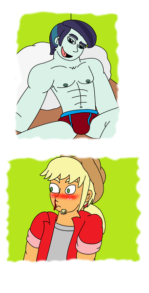 Size: 2736x5376 | Tagged: questionable, artist:t-mack56, derpibooru import, applejack, coloratura, equestria girls, applejack (male), bara, bare chest, beard, bed, bedroom eyes, blood, blushing, clothes, crotch bulge, equestria girls-ified, equestria guys, facial hair, female, gay, imminent sex, implied sex, lesbian, male, nipples, nosebleed, nudity, open mouth, partial nudity, rara, rarajack, rule 63, shipping, smiling, tessijack, tessiture, topless, underwear